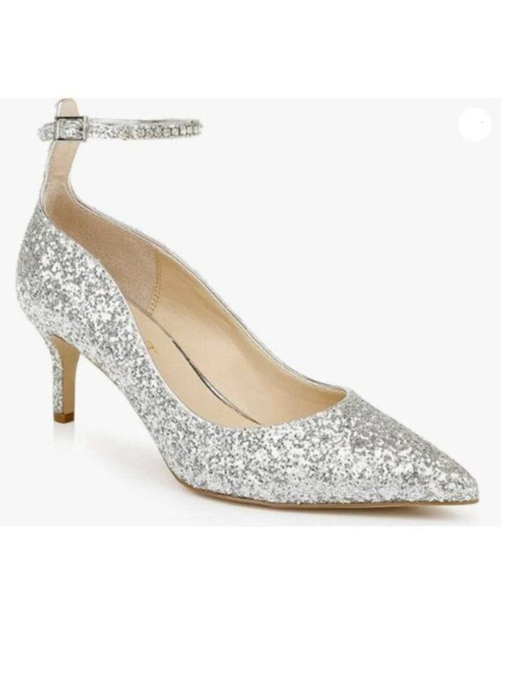 FOWT Crystal Buckle Ankle Strap Glittering Kitten Heel Silver Pumps Sliver Shoes